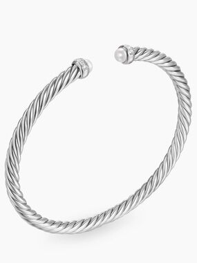 David Yurman Cable Flex Sterling Silver with Pearls and Diamonds, 4mm. New wTag
